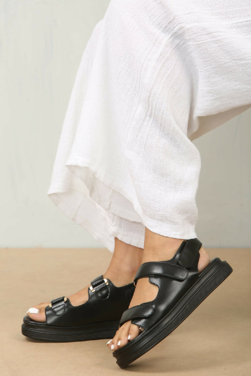Chunky Black Faux Leather Sandal